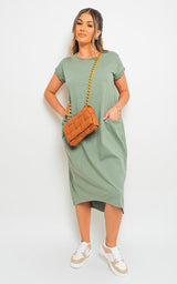 Front Pockets Short Sleeve Midi Dress