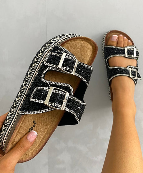 Embellished Stone Double Buckle Platform Sandals-1