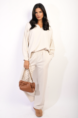 V-neck Long Sleeve Top and Wide Leg Pants Co-ord Set