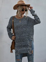 women's long sleeve round neck ripped knitted forest sweater