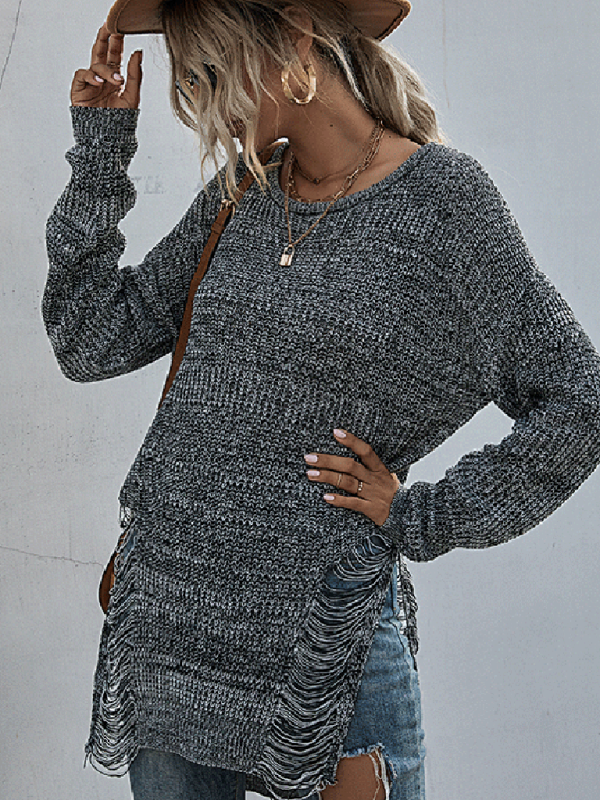 women's long sleeve round neck ripped knitted forest sweater
