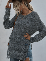 women's long sleeve round neck ripped knitted forest sweater