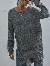 women's long sleeve round neck ripped knitted forest sweater