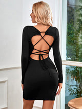 Women's Knitted Square Neck Sexy Backless Tie Long Sleeve Dress