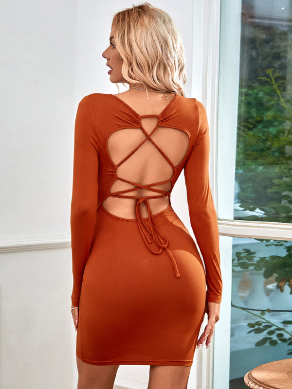 Women's Knitted Square Neck Sexy Backless Tie Long Sleeve Dress