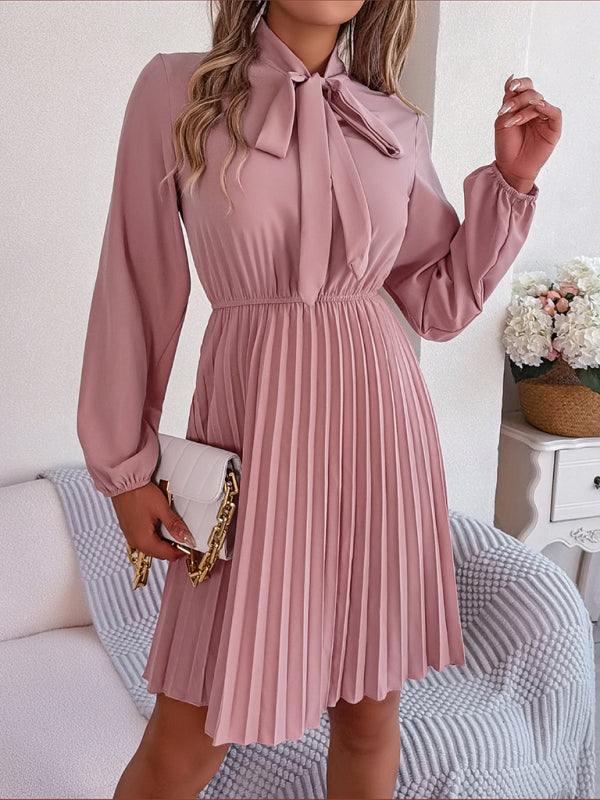 Autumn and winter temperament tie waist long sleeve pleated skirt