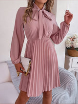 Autumn and winter temperament tie waist long sleeve pleated skirt