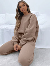 Women's New Solid Color Round Fashionable Casual Collar Pullover Long Sleeve Trousers Sweater Suit