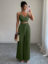 Army Green Suspender Vest Wide Leg Pants Two-Piece Set