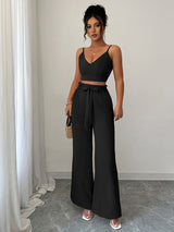 Black suspender vest wide-leg pants two-piece set