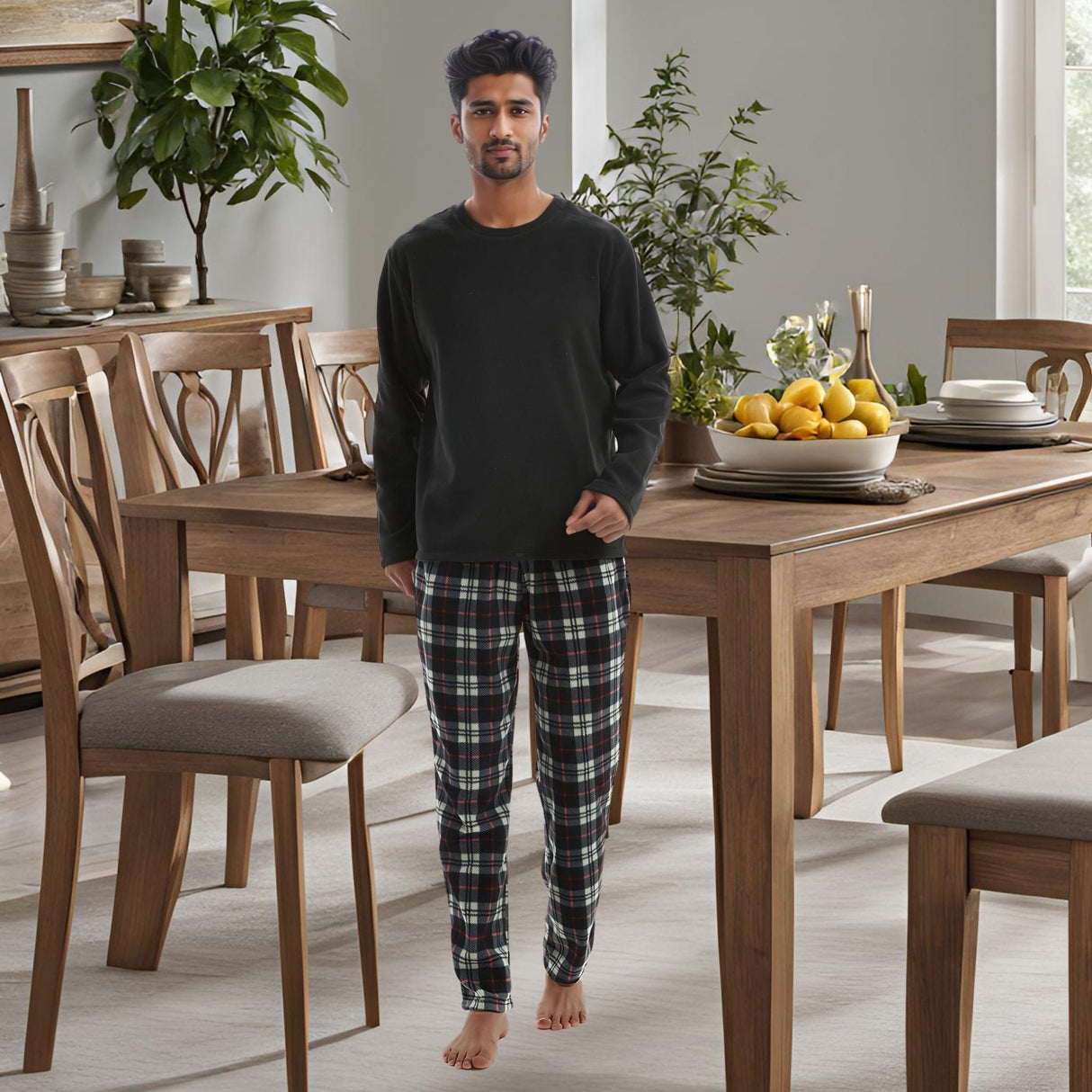 Men's Long Sleeve Thermal Fleece Pyjama Set in Black and Red.