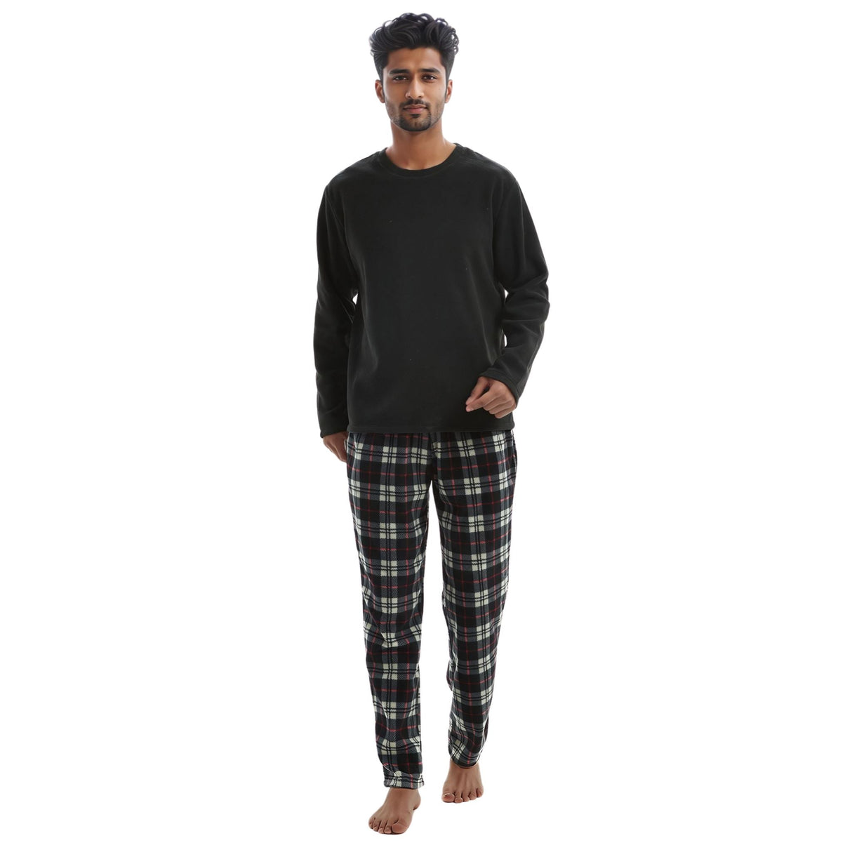 Men's Long Sleeve Thermal Fleece Pyjama Set in Black and Red.