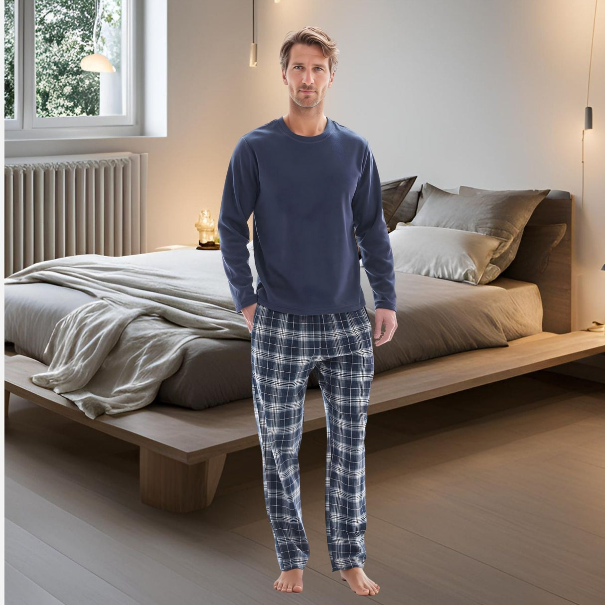 Men's Navy Fleece Lounge Set with Cotton Bottoms