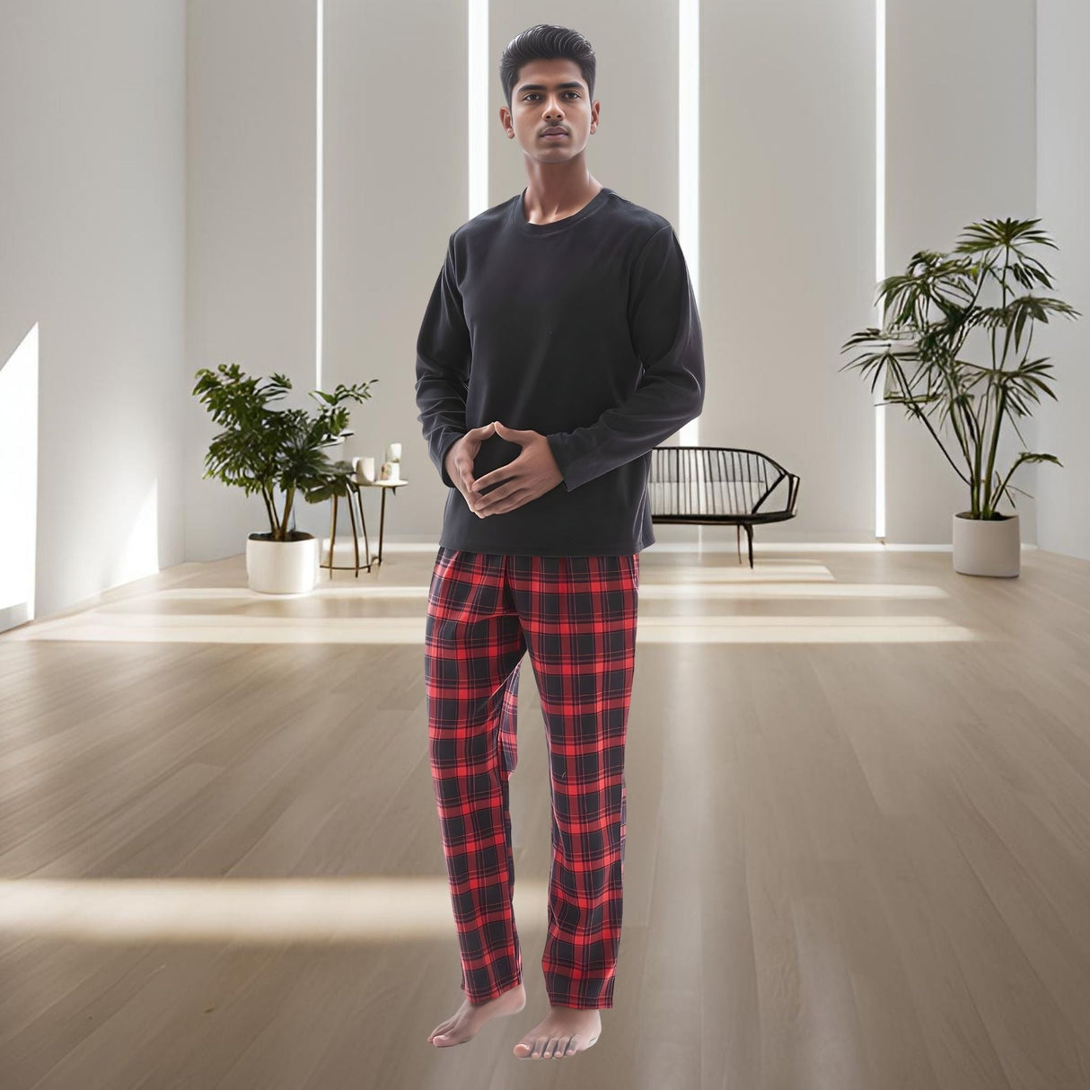 Men's Cozy Thermal Fleece Lounge Set with Check Flannel Pant