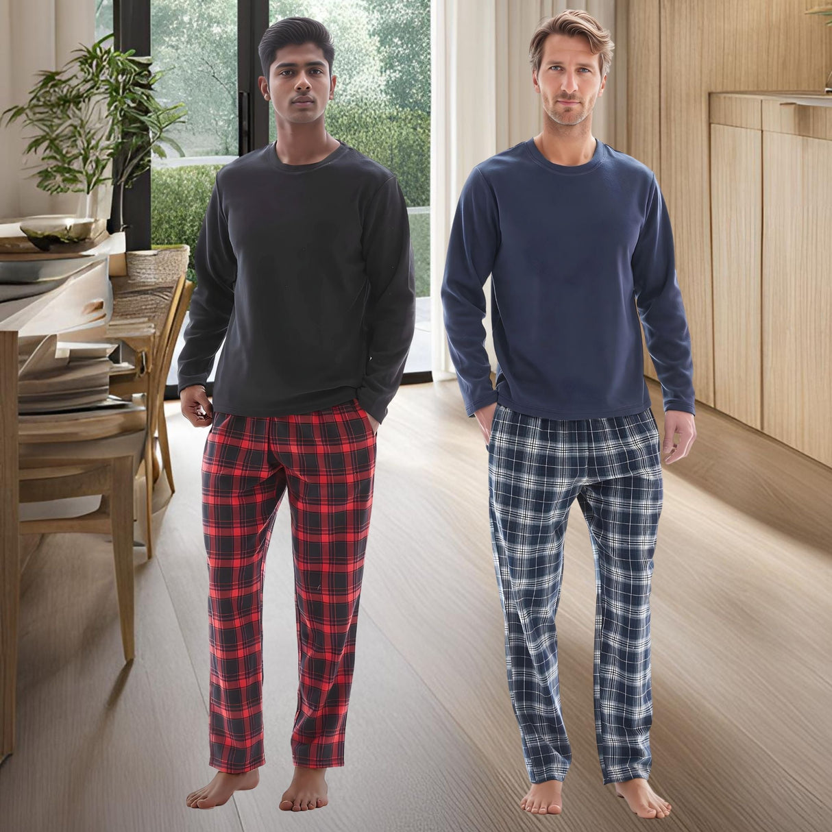 Men's Cozy Thermal Fleece Lounge Set with Check Flannel Pant