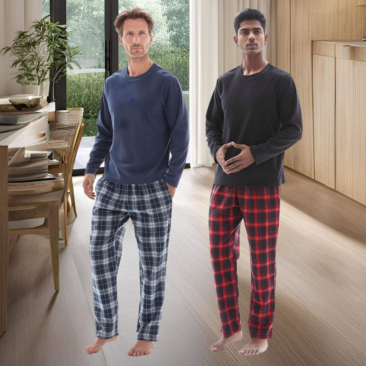 Men's Cozy Thermal Fleece Lounge Set with Check Flannel Pant