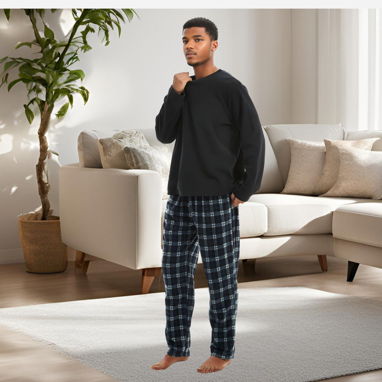 Men's Black Long Sleeve Pyjama Set made of Fleece Loungewear.