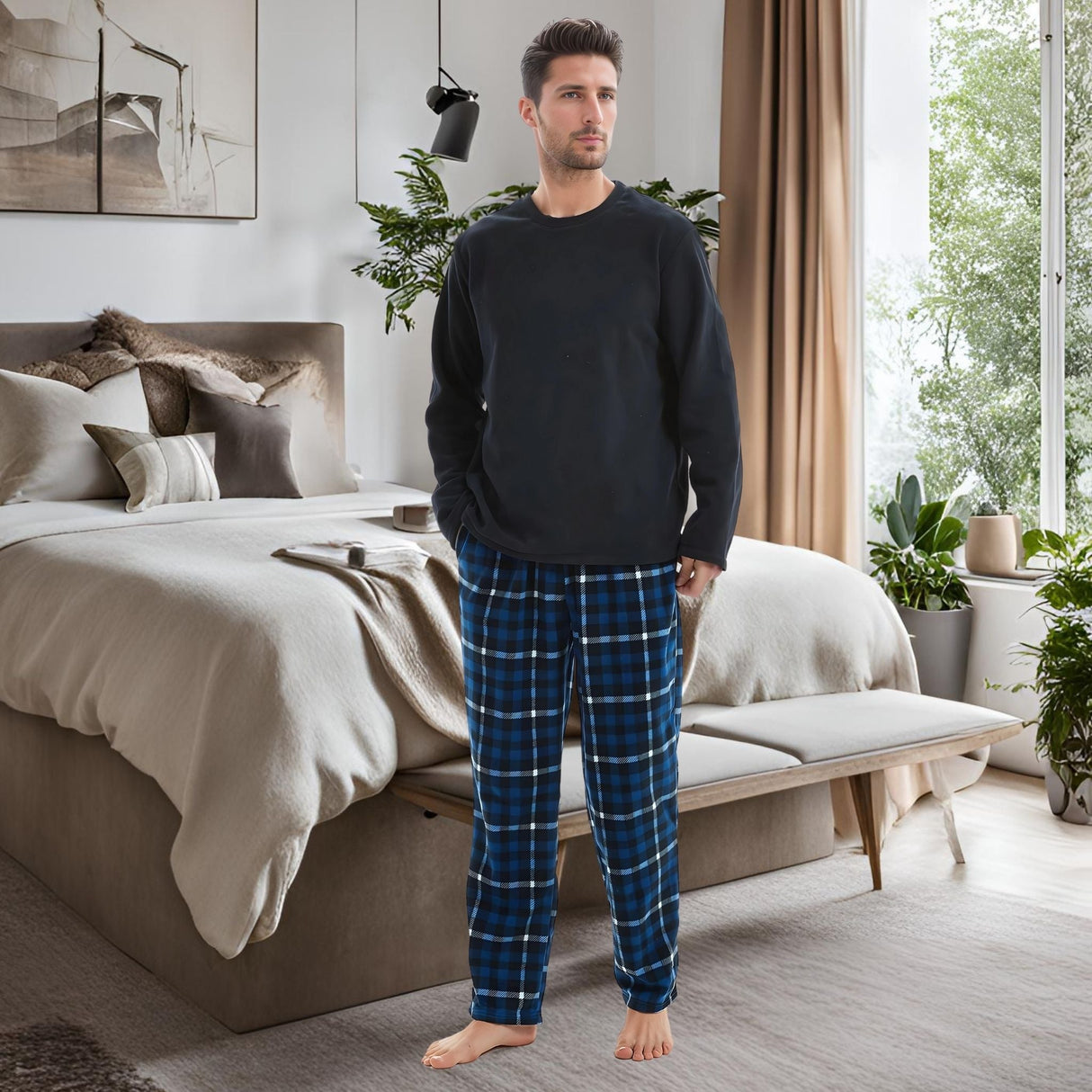 Mens Navy Check Thermal Fleece Pyjama Set with Luxury Design