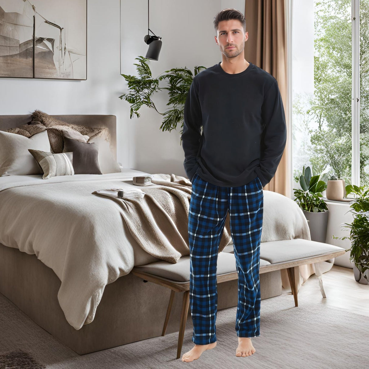 Mens Navy Check Thermal Fleece Pyjama Set with Luxury Design