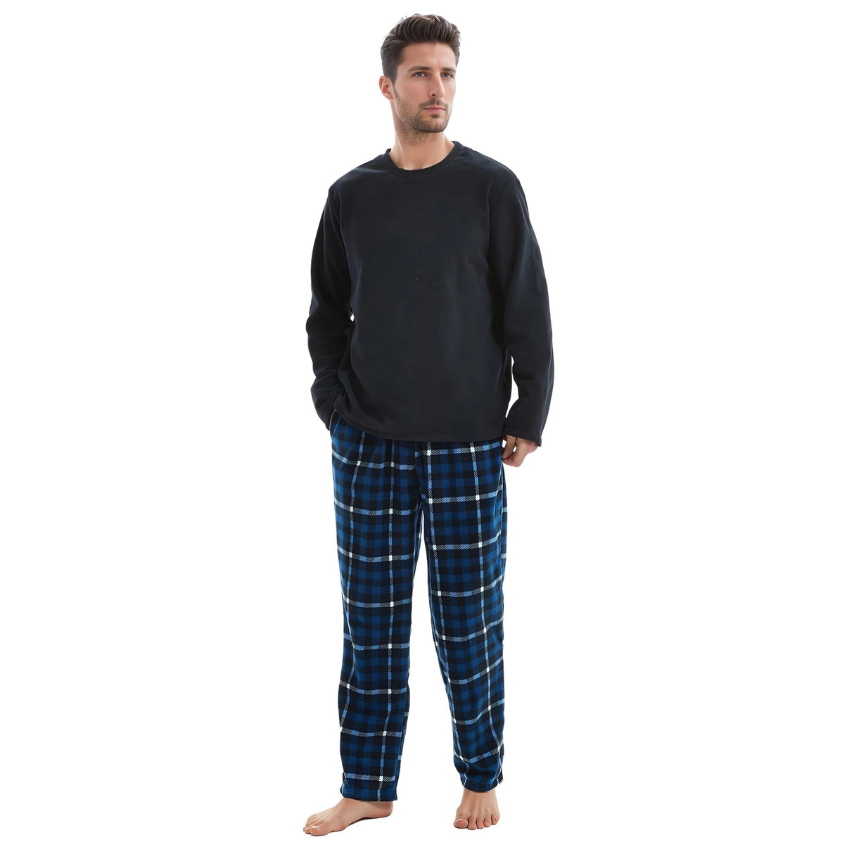 Mens Navy Check Thermal Fleece Pyjama Set with Luxury Design