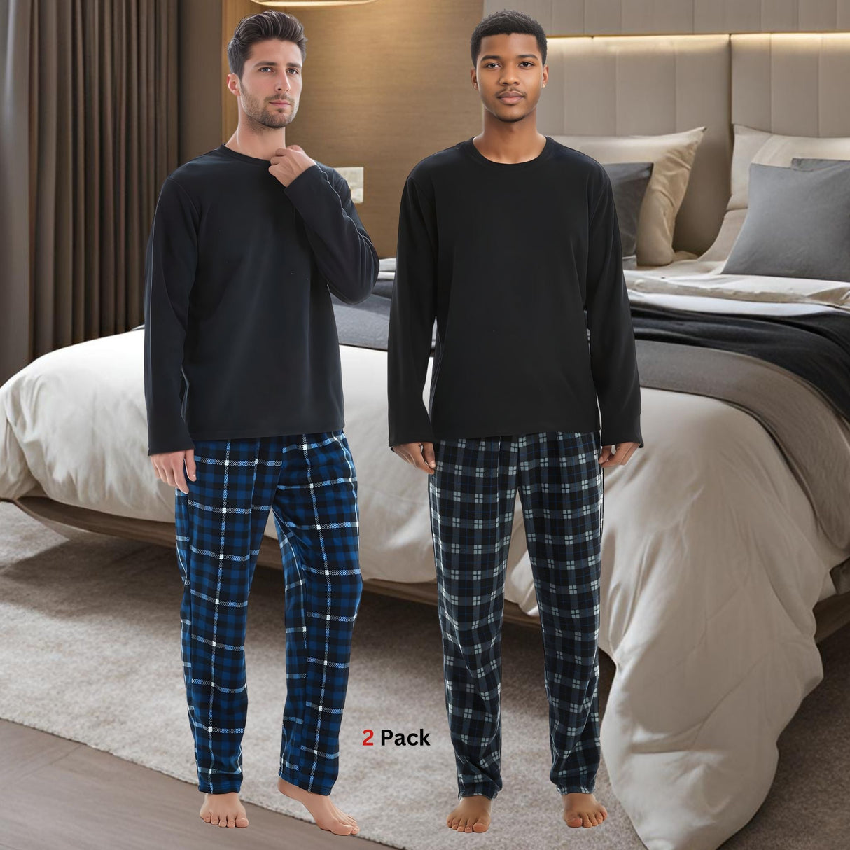 Mens Navy Check Thermal Fleece Pyjama Set with Luxury Design