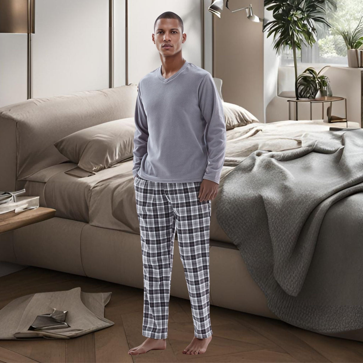 Men's Pyjama Sets: Fleece Top with Cotton Bottoms in Grey and Black