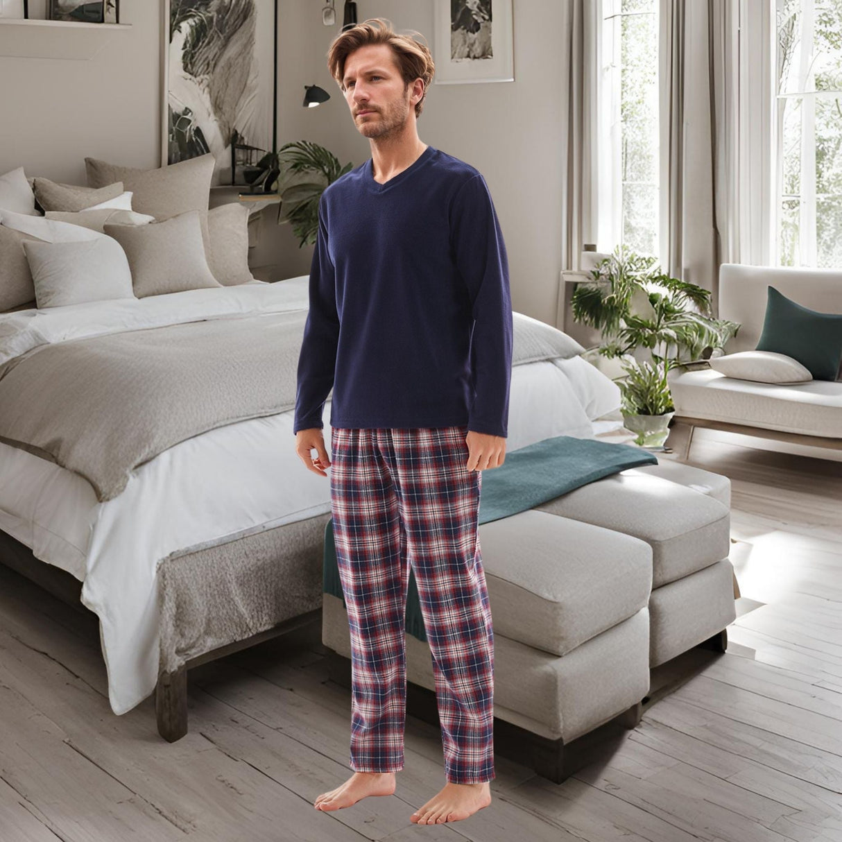 Men's Long Sleeve Pyjama Sets with Fleece Top and Cotton Flannelette Pajama Pants