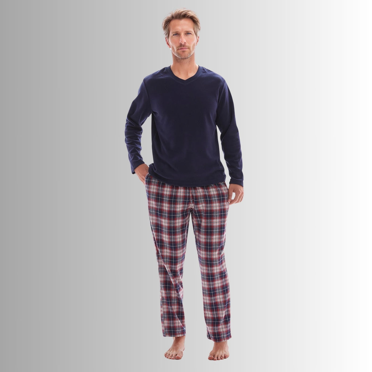 Men's Long Sleeve Pyjama Sets with Fleece Top and Cotton Flannelette Pajama Pants