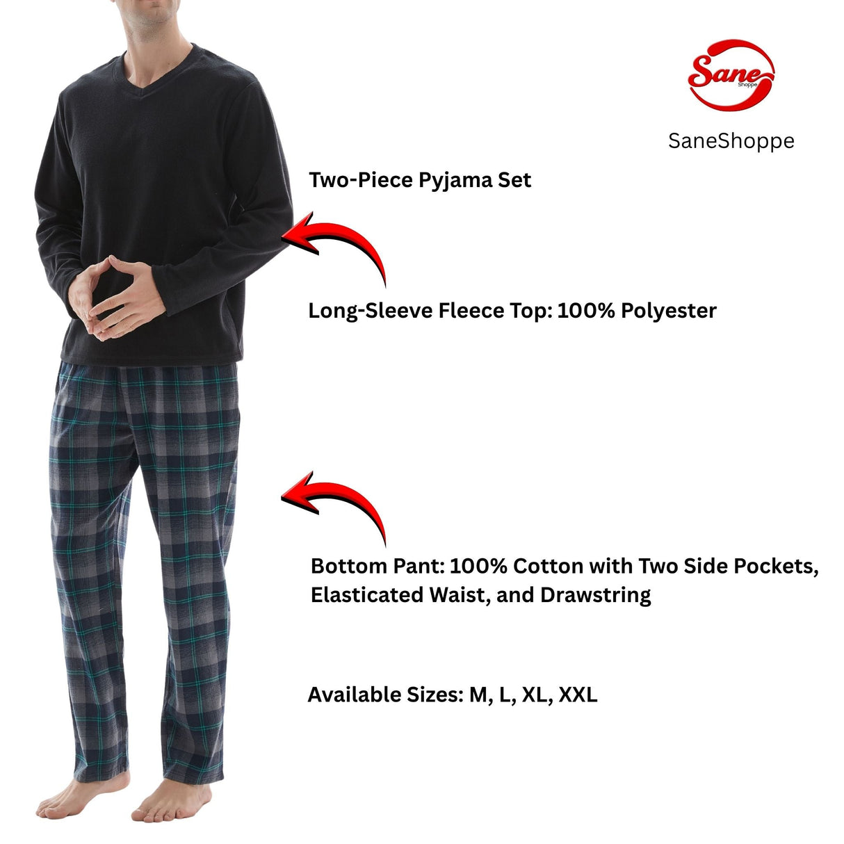 Men’s Checkered Pattern Pyjamas with Fleece Top and Cotton Bottoms Loungewear.