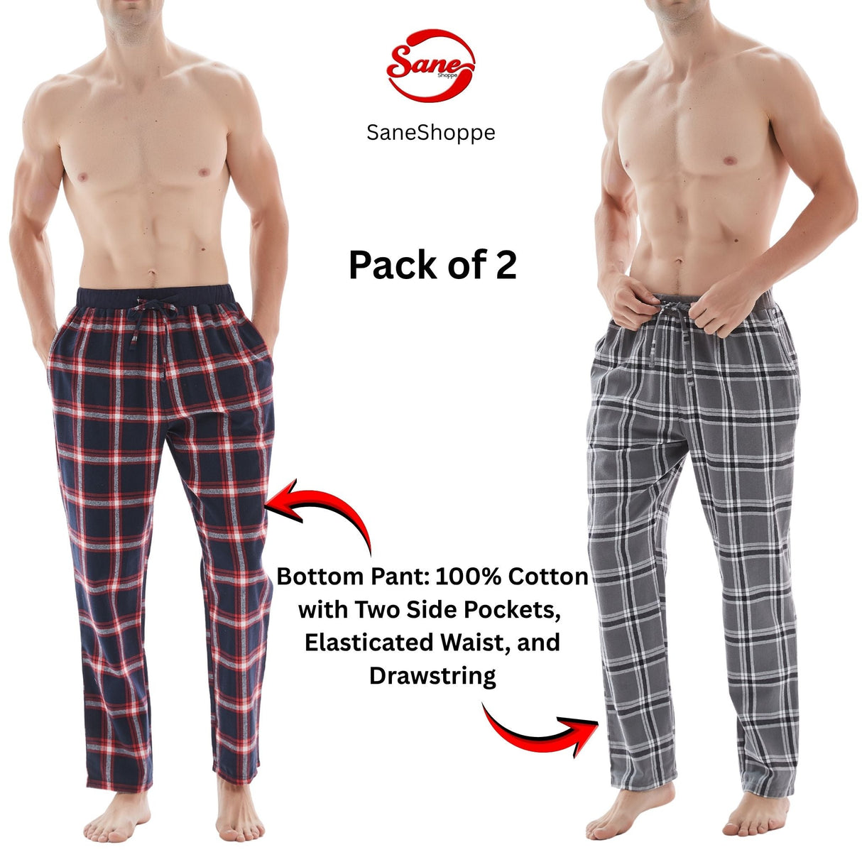 Men's Lightweight Cotton Flannel Pyjama Bottoms - Pack of 2
