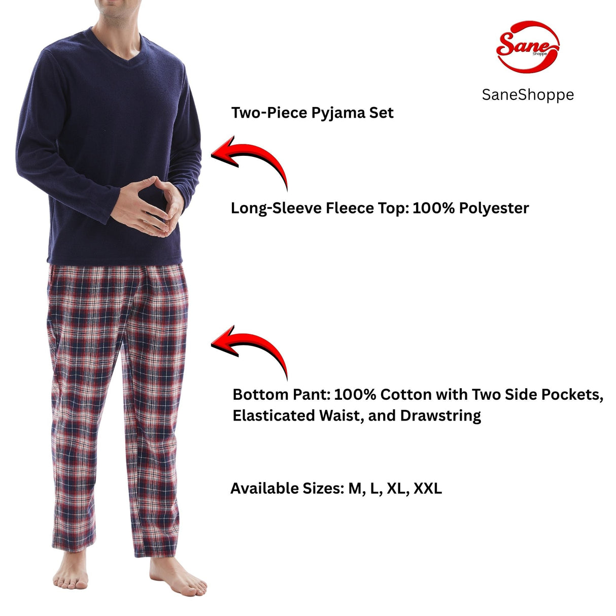 Men's Long Sleeve Pyjama Sets with Fleece Top and Cotton Flannelette Pajama Pants