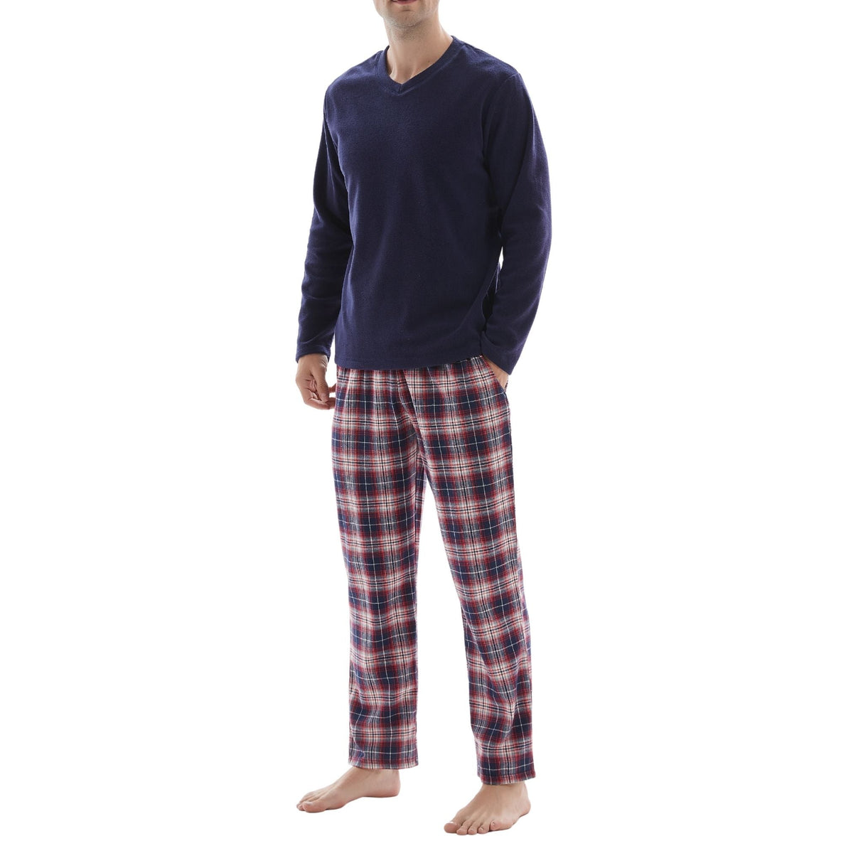 Men's Long Sleeve Pyjama Sets with Fleece Top and Cotton Flannelette Pajama Pants