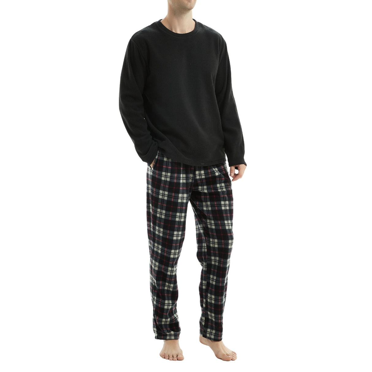 Men's Long Sleeve Thermal Fleece Pyjama Set in Black and Red.