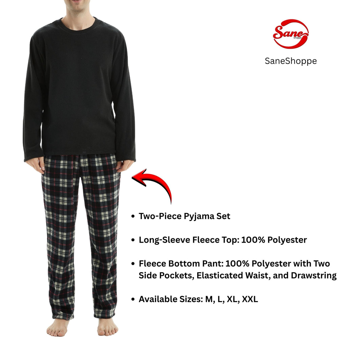 Men's Long Sleeve Thermal Fleece Pyjama Set in Black and Red.