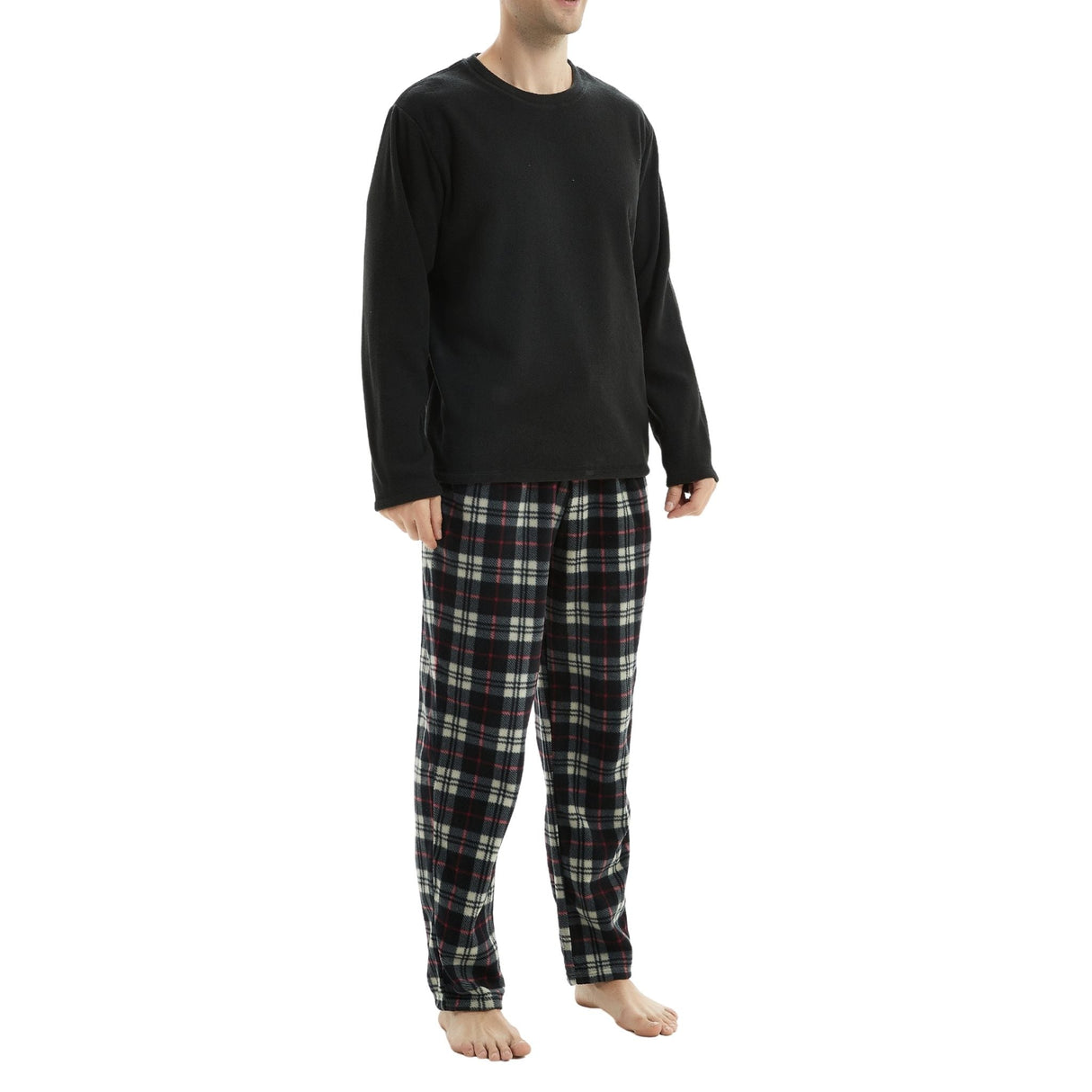 Men's Long Sleeve Thermal Fleece Pyjama Set in Black and Red.