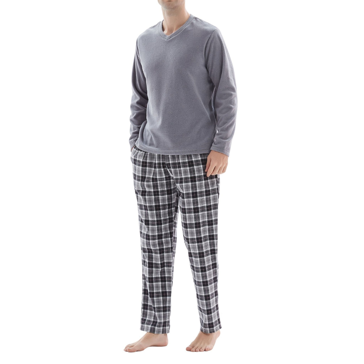 Men's Pyjama Sets: Fleece Top with Cotton Bottoms in Grey and Black