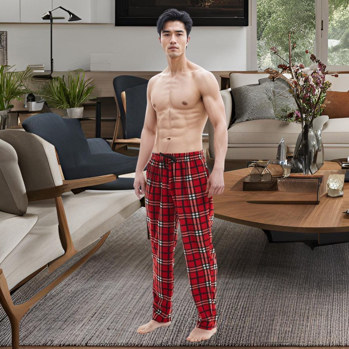 Men's Fleece Loungewear Pyjama Bottoms Lounge Pants Black Red