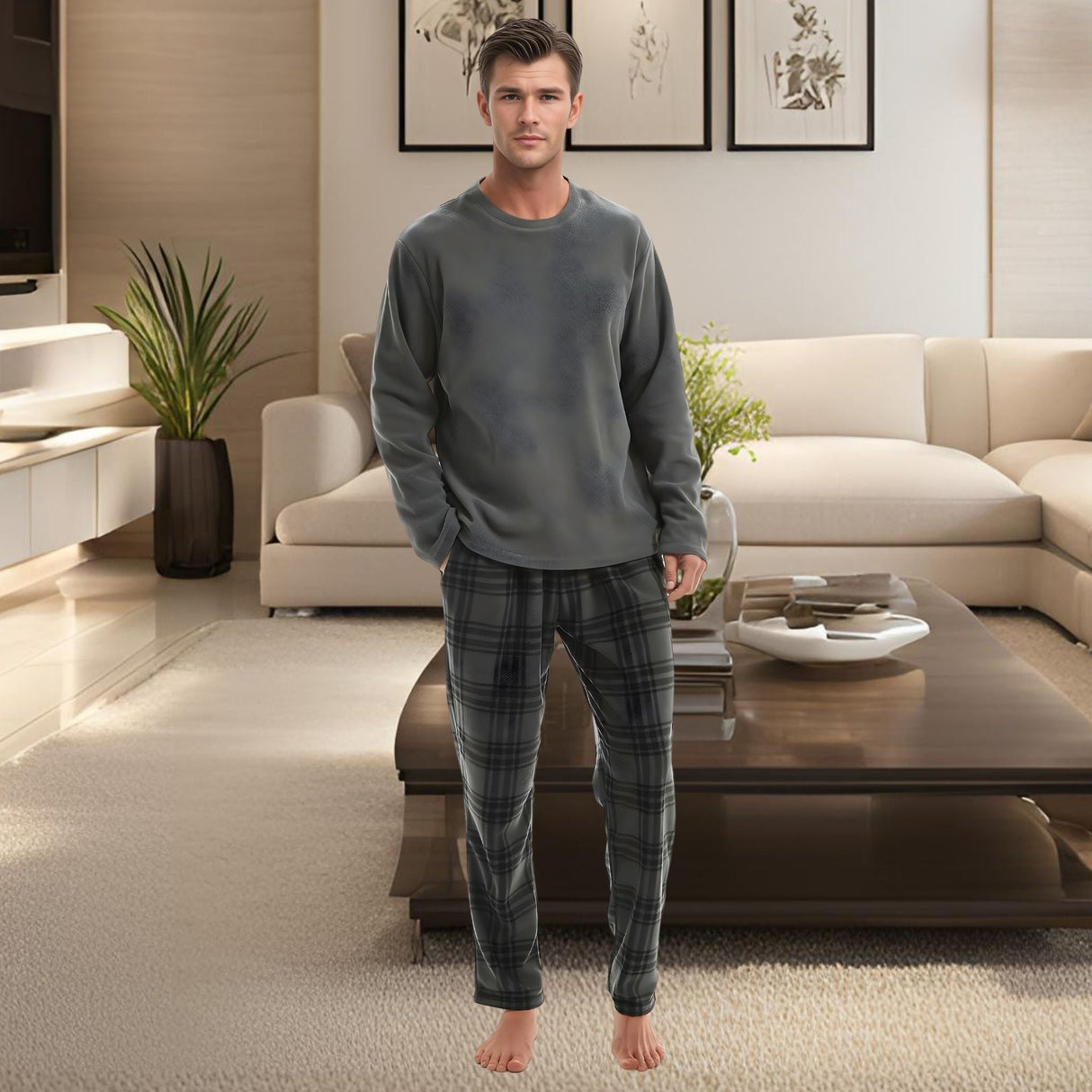 Men's Fleece Pyjama Set Luxury Long Sleeve 2-Piece Loungewear, 180gsm