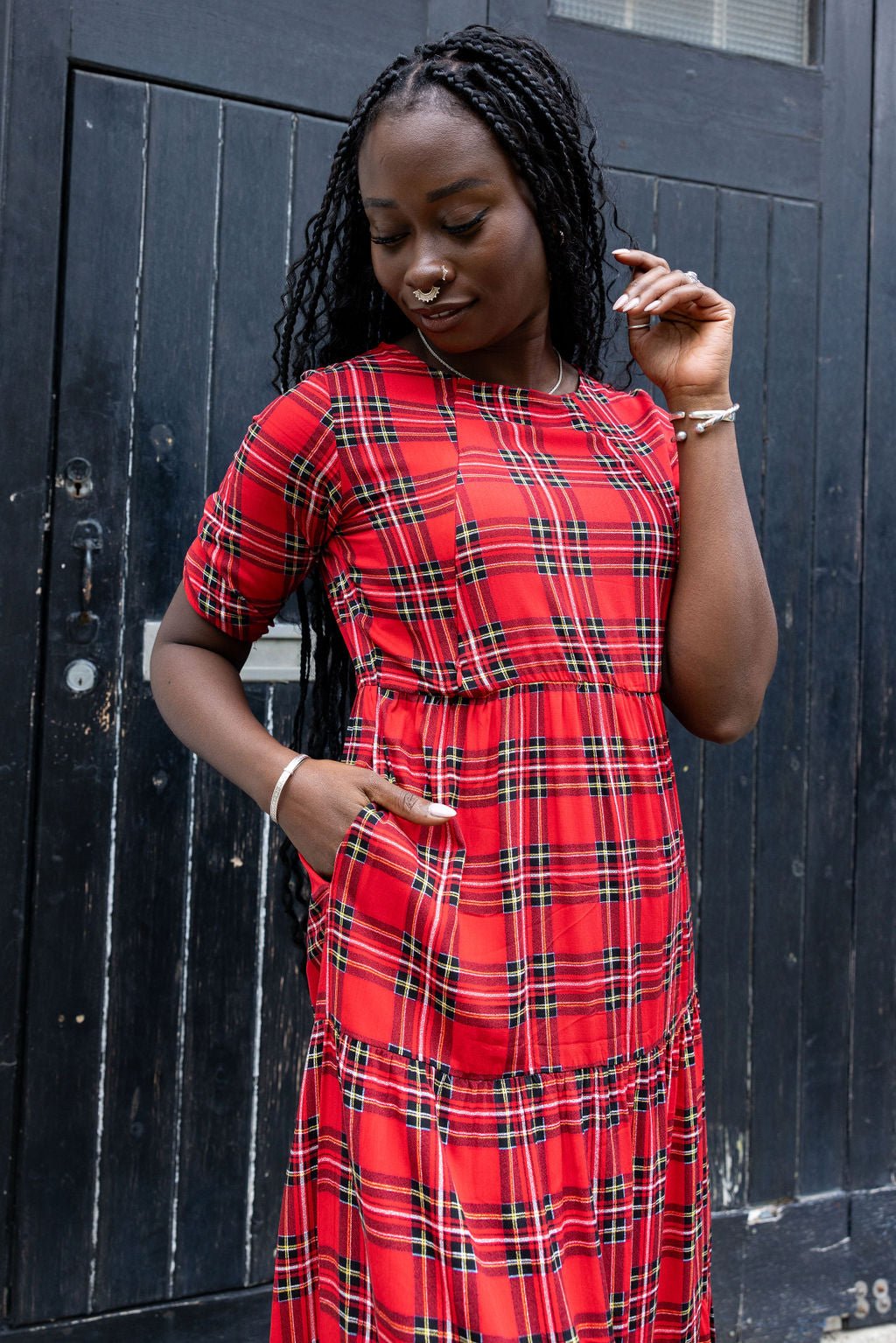 The Midi Breastfeeding Dress - Red Tartan Cotton
