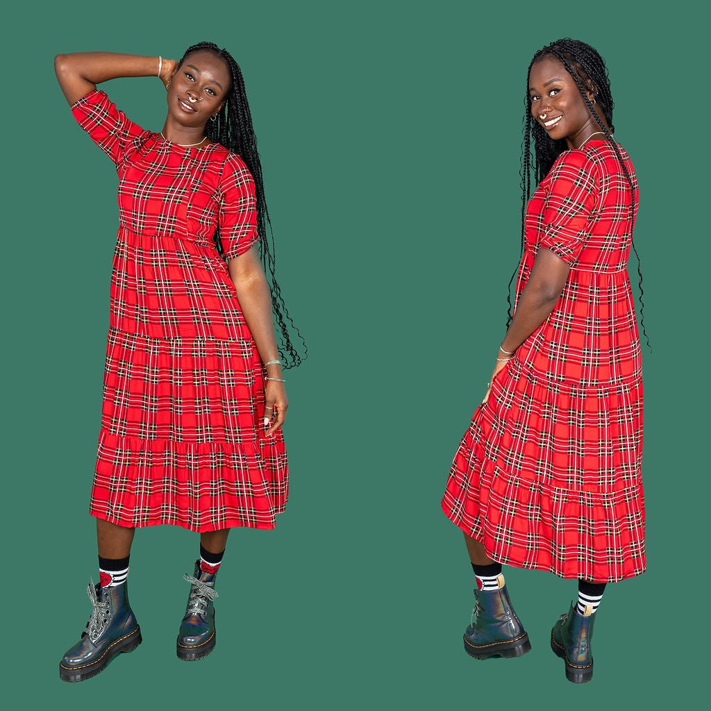 The Midi Breastfeeding Dress - Red Tartan Cotton