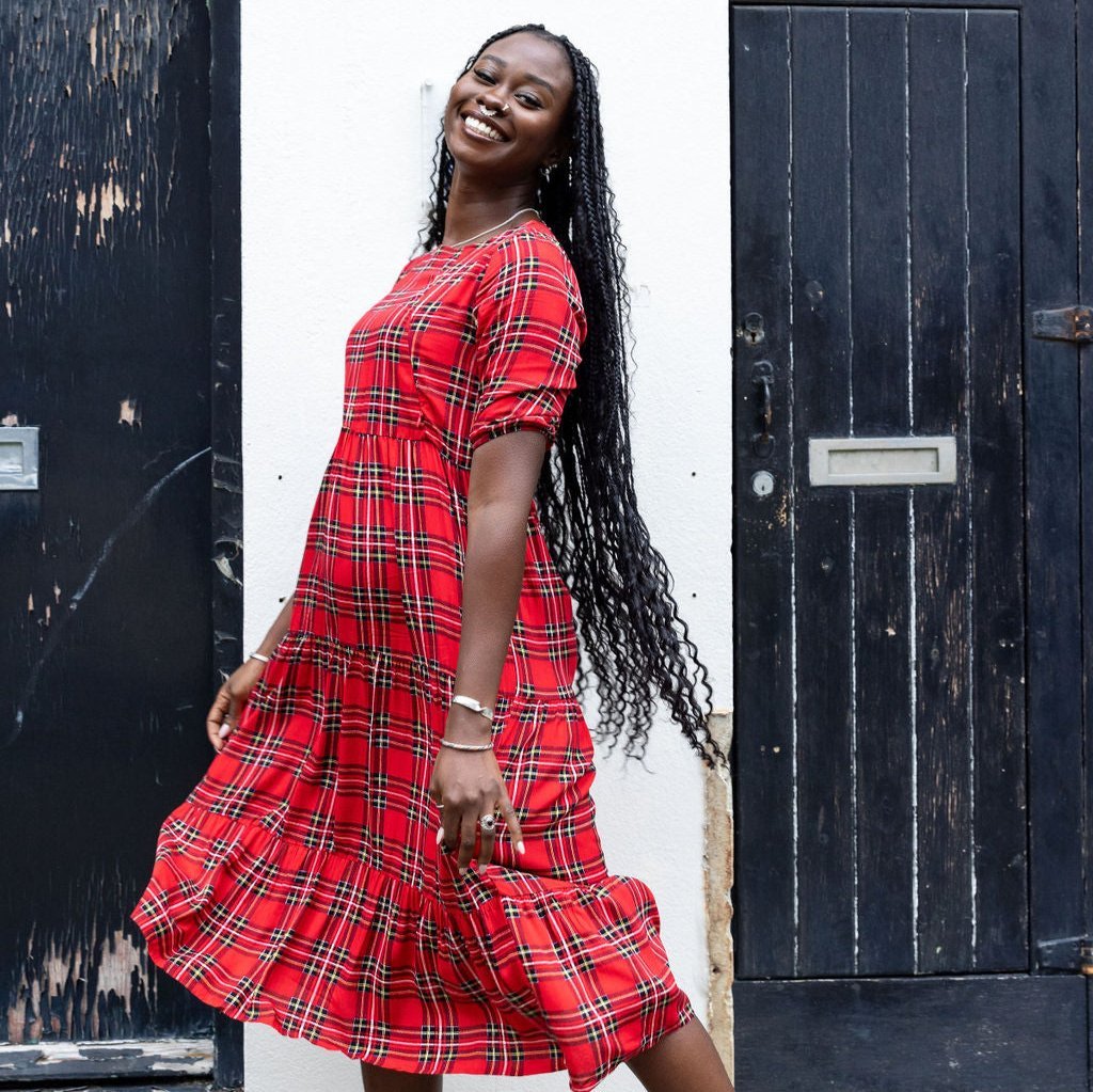 The Midi Breastfeeding Dress - Red Tartan Cotton