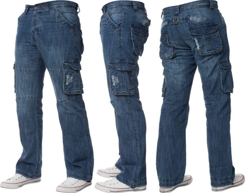 Mens Cargo Combat Jeans Enzo Designer Denim Casual Work Pants All Waist Sizes